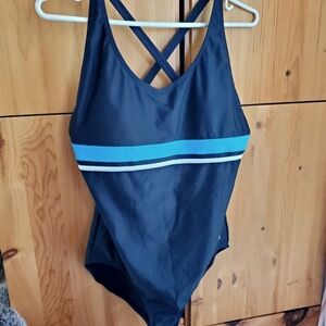 Speedo Women's Black With Turquoise and White Crossback Swimsuit size 12